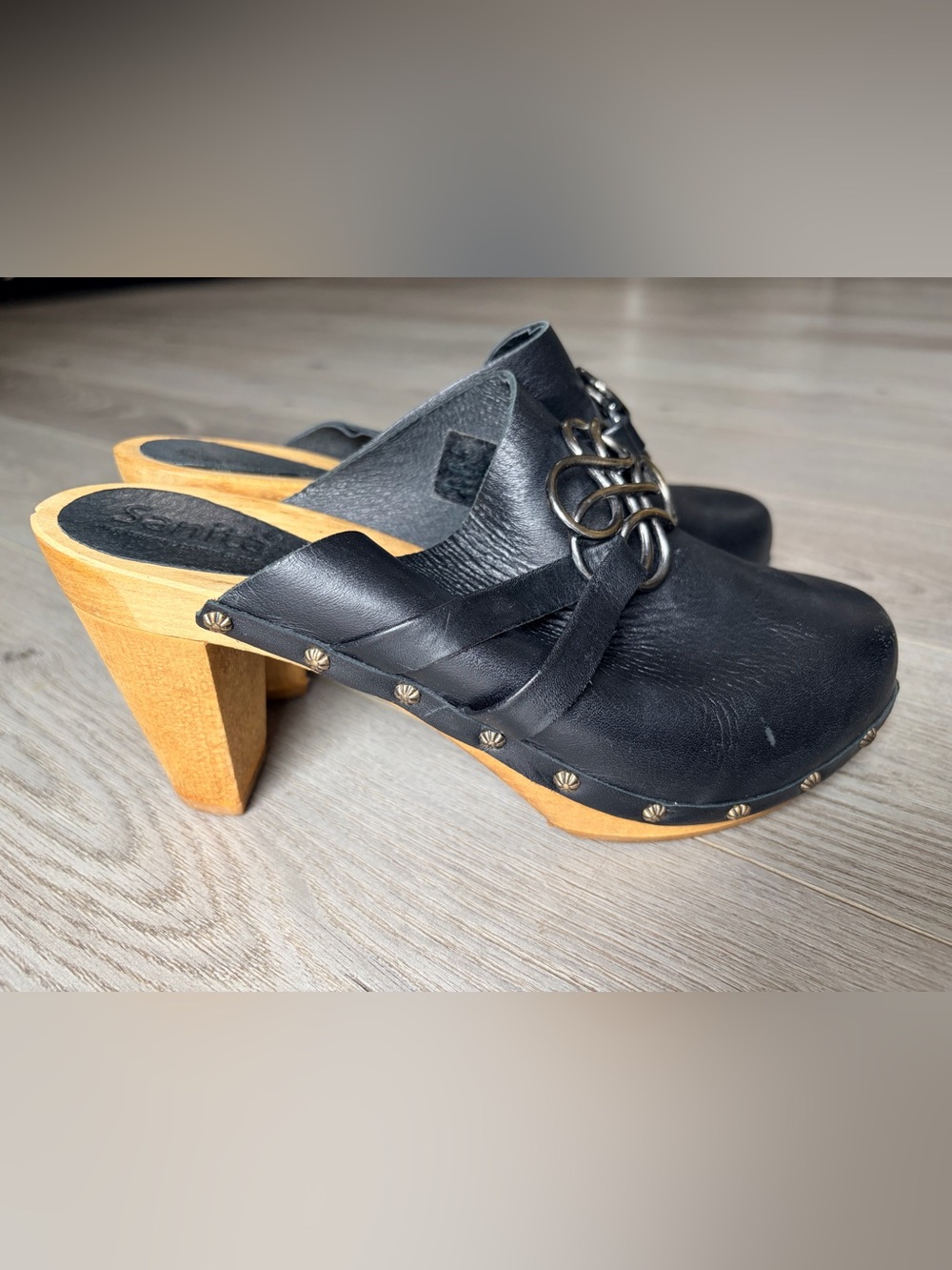 Sanita black leather clogs with Celtic buckle. Size 39 (US 8.5) made in Poland